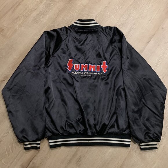 Vintage 90s Summit Racing Satin Bomber Jacket Men's XL Black 1993 Embroidered - Picture 1 of 11